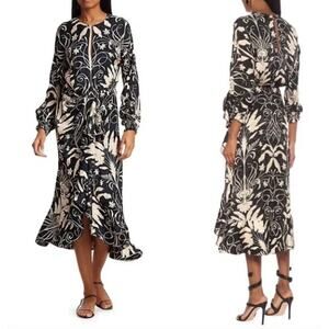 Johanna Ortiz Floral Ruffle Trim Long Sleeve Jacquard Midi Dress In Ecru Black 6